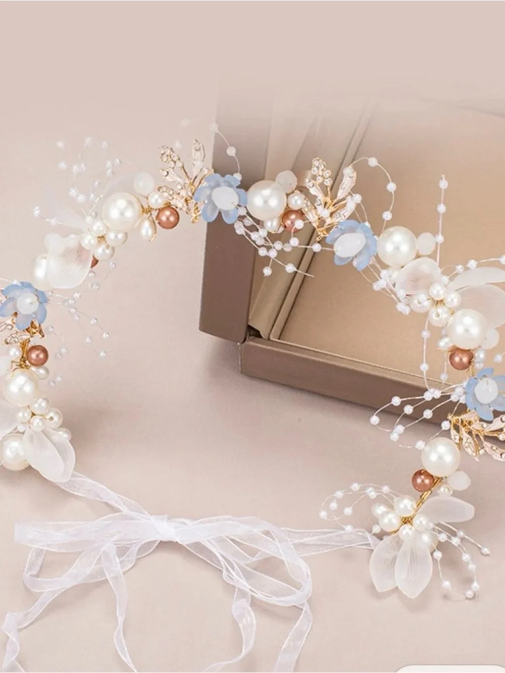 KissProm Girls Delicate Pearl & Blue Floral Bridal Headband